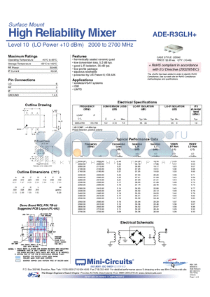 ADE-R3GLH datasheet - High Reliability Mixer Level 10 (LO Power 10 dBm) 2000 to 2700 MHz