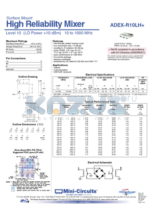 ADEX-R10LH+ datasheet - High Reliability Mixer Level 10 (LO Power 10 dBm) 10 to 1000 MHz