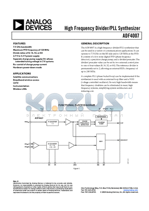 ADF4007BCP-REEL7 datasheet - High Frequency Divider/PLL Synthesizer