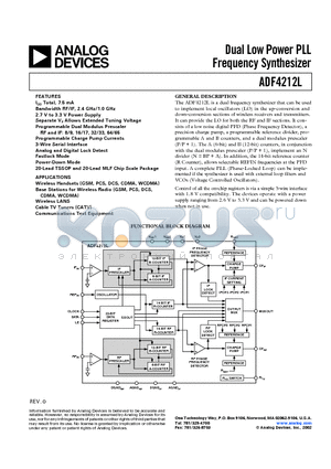 ADF4212LBCP datasheet - Dual Low Power PLL Frequency Synthesizer
