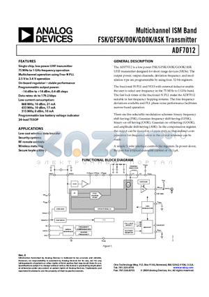 ADF7012BRU-REEL datasheet - Multichannel ISM Band FSK/GFSK/OOK/GOOK/ASK Transmitter