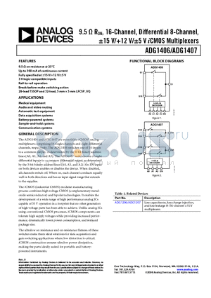 ADG1406 datasheet - 9.5 ohm RON, 16-Channel, Differential 8-Channel, a15 V/12 V/a5 V iCMOS Multiplexers