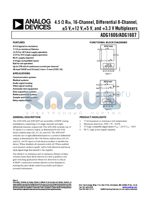 ADG1606BRUZ-REEL7 datasheet - 4.5 Y RON, 16-Channel, Differential 8-Channel, a5 V,12 V,5 V, and 3.3 V Multiplexers