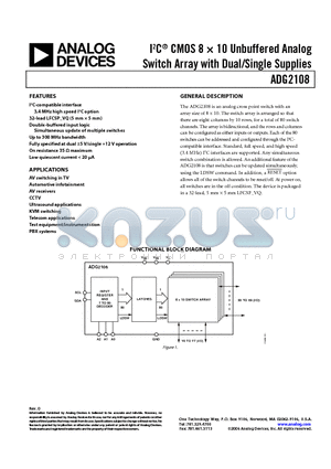 ADG2108BCPZ-HS-RL7 datasheet - I2C CMOS 8  10 Unbuffered Analog Switch Array with Dual/Single Supplies