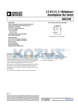 ADG3248BKS-REEL datasheet - 2.5 V/ 3.3 V, 2 :1 Multiplexer/ Demultiplexer Bus Switch