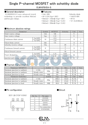 ELM16701EA-S datasheet - Single P-channel MOSFET with schottky diode
