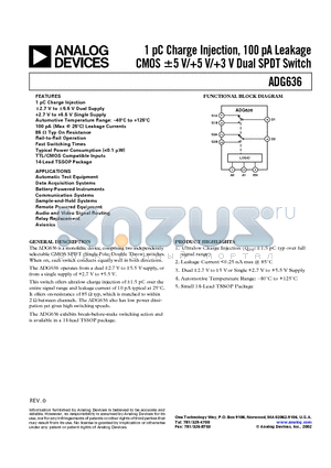 ADG636 datasheet - 1 pC Charge Injection, 100 pA Leakage CMOS 5 V/5 V/3 V Dual SPDT Switch