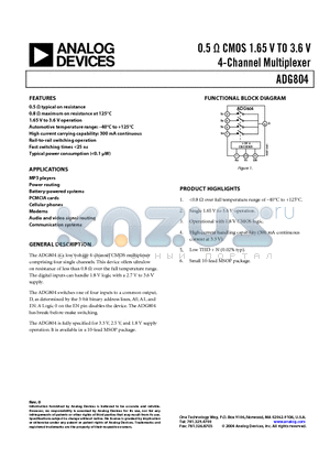 ADG804YRM-REEL datasheet - 0.5 ohm CMOS 1.65 V TO 3.6 V 4-Channel Multiplexer