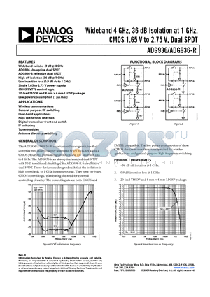 ADG936BRU-500RL7 datasheet - Wideband 4 GHz, 36 dB Isolation at 1 GHz, CMOS 1.65 V to 2.75 V, Dual SPDT