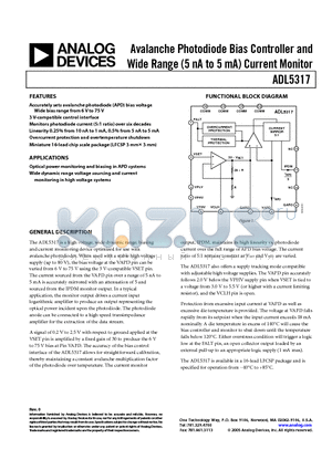 ADL5317 datasheet - Avalanche Photodiode Bias Controller and Wide Range (5 nA to 5 mA) Current Monitor