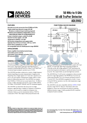 ADL5902ACPZ-R2 datasheet - 50 MHz to 9 GHz 65 dB TruPwr Detector