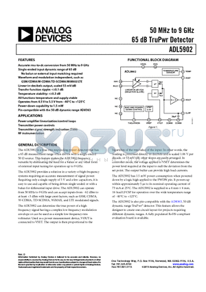 ADL5902ACPZ-R7 datasheet - 50 MHz to 9 GHz 65 dB TruPwr Detector