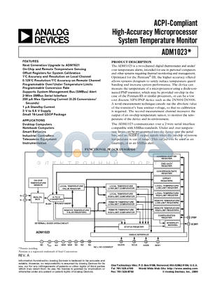 ADM1023 datasheet - ACPI-Compliant High-Accuracy Microprocessor System Temperature Monitor