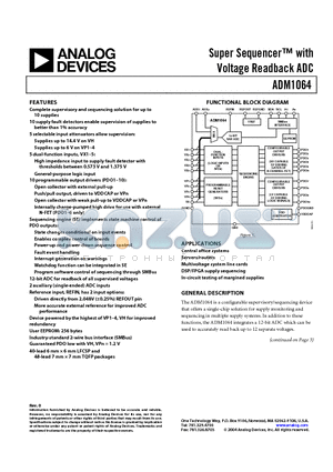 ADM1064ACP-REEL datasheet - Super Sequencer with Voltage Readback ADC