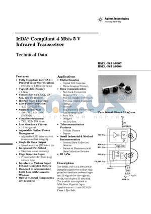 HSDL-3601 datasheet - IrDA Compliant 4 Mb/s 5 V Infrared Transceiver