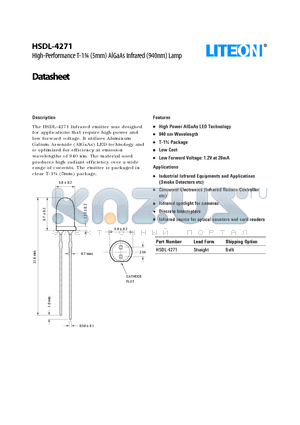 HSDL-4271 datasheet - High-Performance T-1n (5mm) AlGaAs Infrared (940nm) Lamp