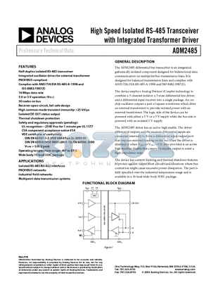 ADM2485 datasheet - High Speed Isolated RS-485 Transceiver with Integrated Transformer Driver