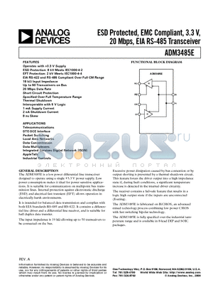 ADM3485EAN datasheet - ESD Protected, EMC Compliant, 3.3 V, 20 Mbps, EIA RS-485 Transceiver