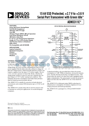 ADM3311EARU-REEL25 datasheet - 15 kV ESD Protected, 2.7 V to 3.6 V Serial Port Transceiver with Green Idle
