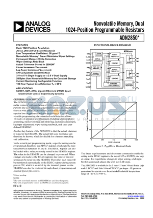 ADN2850 datasheet - Nonvolatile Memory, Dual 1024 Position Programmable Resistors