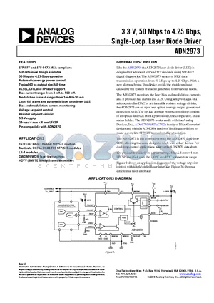 ADN2873ACPZ datasheet - 3.3 V, 50 Mbps to 4.25 Gbps, Single-Loop, Laser Diode Driver