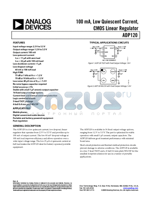 ADP120CB-2.8-EVALZ datasheet - 100 mA, Low Quiescent Current, CMOS Linear Regulator