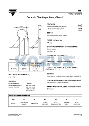 HSZ102 datasheet - Ceramic Disc Capacitors, Class 2