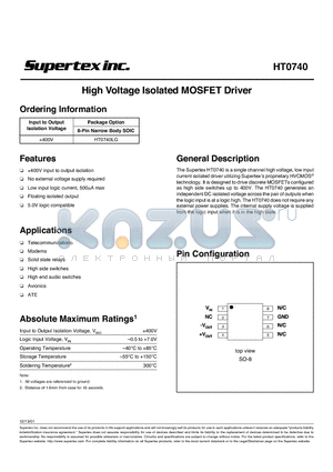 HT0740 datasheet - High Voltage Isolated MOSFET Driver
