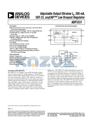 ADP3331ART datasheet - Adjustable Output Ultralow IQ, 200 mA, SOT-23, anyCAP Low Dropout Regulator
