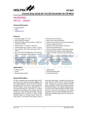 HT1647 datasheet - 4-Level Gray Scale 6416 LCD Controller for I/O MCU