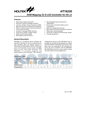 HT16220 datasheet - RAM Mapping 32x8 LCD Controller for I/O C