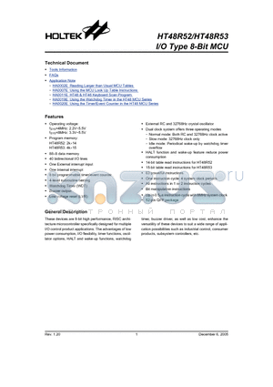HT48R52 datasheet - I/O Type 8-Bit MCU