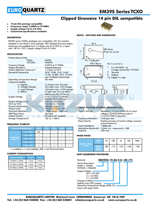 EM39S28-19.44-2.5-30 datasheet - Clipped Sinewave 14 pin DIL compatible