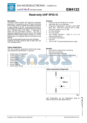 EM4122 datasheet - Read-only UHF RFID IC