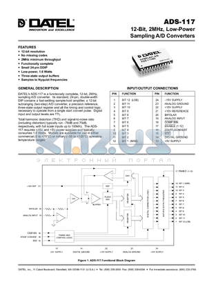 ADS-117 datasheet - 12-Bit, 2MHz, Low-Power Sampling A/D Converters