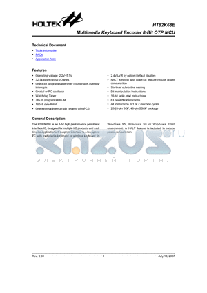 HT82K68E datasheet - Multimedia Keyboard Encoder 8-Bit OTP MCU