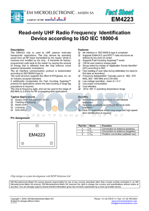 EM4223 datasheet - Read-only UHF Radio Frequency Identification Device according to ISO IEC 18000-6
