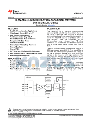 ADS1015-Q1 datasheet - ULTRA-SMALL LOW-POWER 12-BIT ANALOG-TO-DIGITAL CONVERTER WITH INTERNAL REFERENCE
