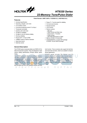 HT9320 datasheet - 22-Memory Tone/Pulse Dialer