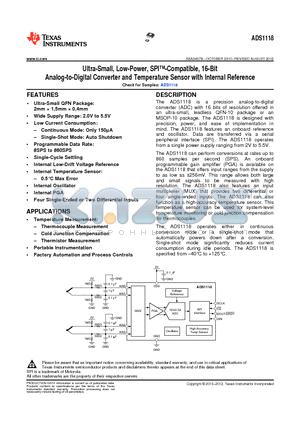 ADS1018 datasheet - Ultra-Small, Low-Power, SPI-Compatible, 16-Bit