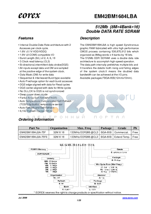 EM428M1684LBA-7FE datasheet - 512Mb (8M4Bank16) Double DATA RATE SDRAM