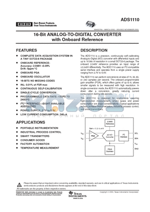 ADS1110A7IDBVT datasheet - 16-Bit ANALOG-TO-DIGITAL CONVERTER with Onboard Reference