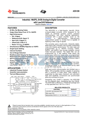 ADS1259BIPWR datasheet - Industrial, 14kSPS, 24-Bit Analog-to-Digital Converter with Low-Drift Reference