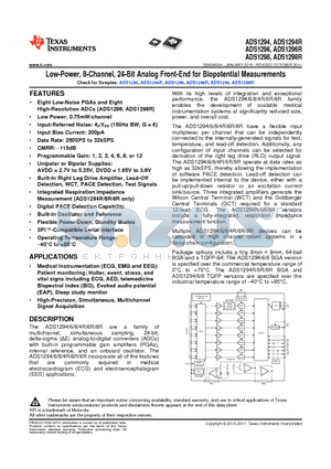 ADS1294 datasheet - Low-Power, 8-Channel, 24-Bit Analog Front-End for Biopotential Measurements