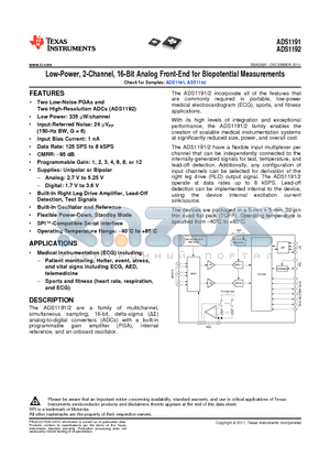 ADS1292IPBS datasheet - Low-Power, 2-Channel, 16-Bit Analog Front-End for Biopotential Measurements