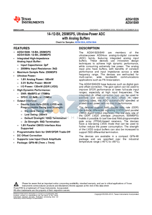 ADS41B29IRGZR datasheet - 14-/12-Bit, 250MSPS, Ultralow-Power ADC with Analog Buffers