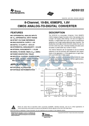 ADS5122CGHK datasheet - 8-Channel, 10-Bit, 65MSPS, 1.8V CMOS ANALOG-TO-DIGITAL CONVERTER