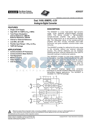 ADS5237 datasheet - Dual, 10-Bit, 65MSPS, 3.3V Analog-to-Digital Converter