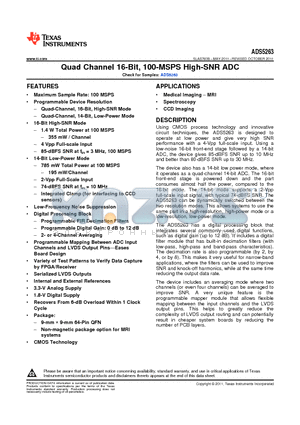 ADS5263IRGCR-NM datasheet - Quad Channel 16-Bit, 100-MSPS High-SNR ADC