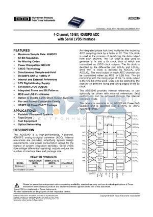 ADS5240IPAPTG4 datasheet - 4-Channel, 12-Bit, 40MSPS ADC with Serial LVDS Interface
